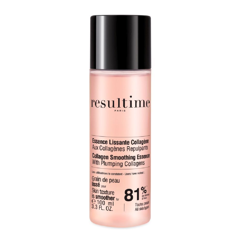 Essence Lissante Collagène Resultime. Flacon cylindrique rose avec bouchon noir. Texte: 81% peau plus lisse.