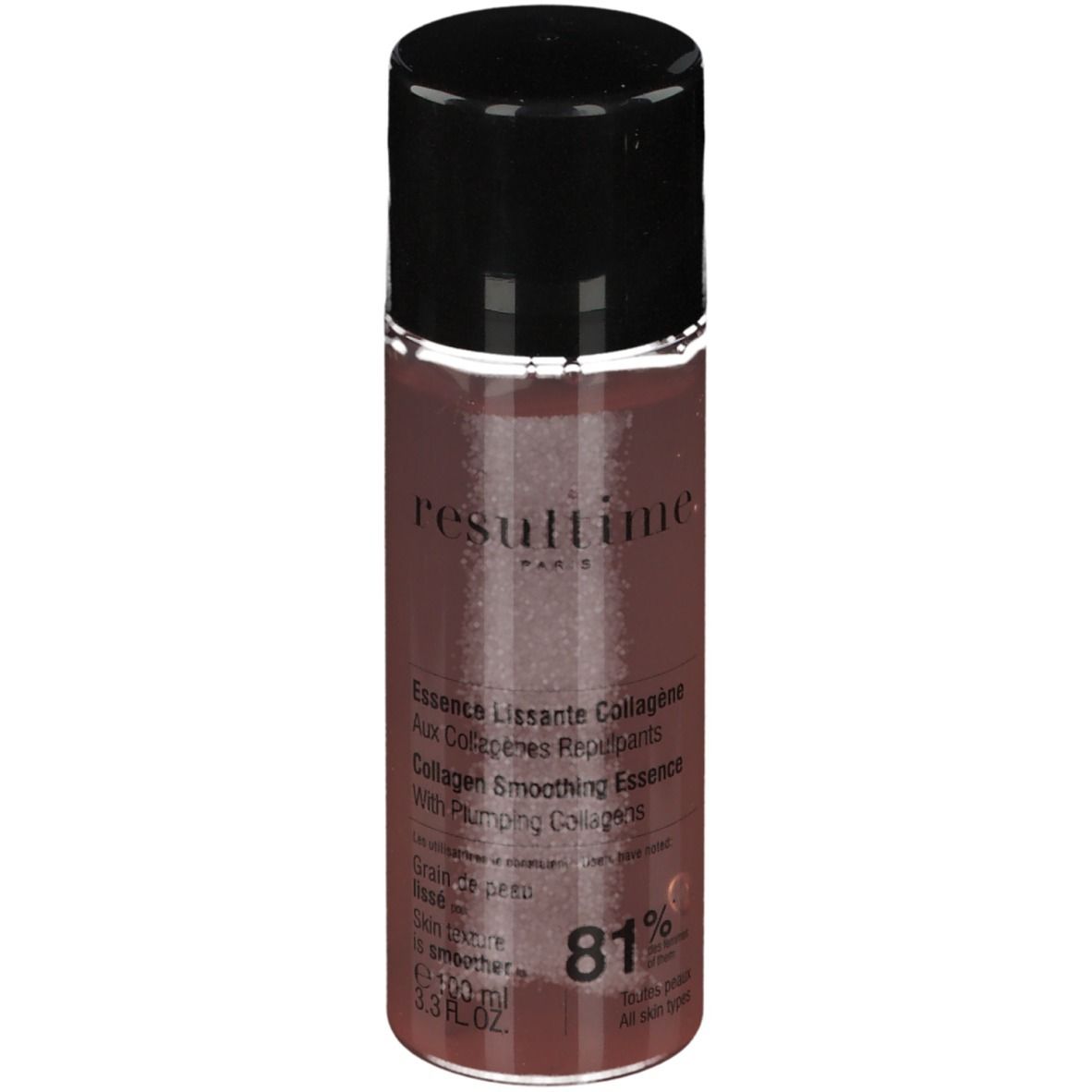 Essence Lissante Collagène Resultime. Liquide brun dans un flacon cylindrique avec bouchon noir.