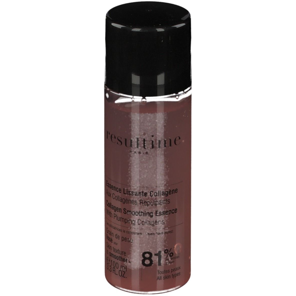 Essence Lissante Collagène Resultime. Liquide brun dans un flacon cylindrique avec bouchon noir.