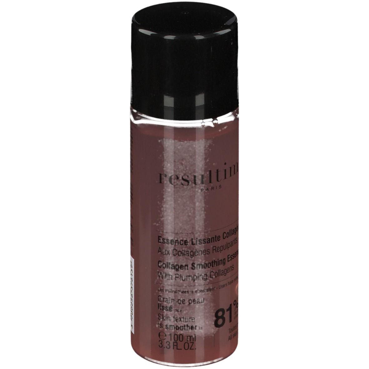 Essence Lissante Collagène Resultime. Liquide brun dans un flacon cylindrique avec bouchon noir. Texte: 81%.