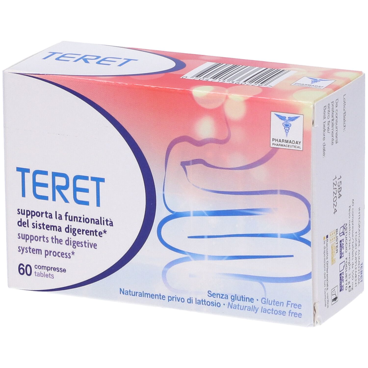 Scatola di compresse "TERET". Contiene 60 compresse. Testo: "supporta la digestione". Senza glutine e lattosio. Logo Pharmaday.
