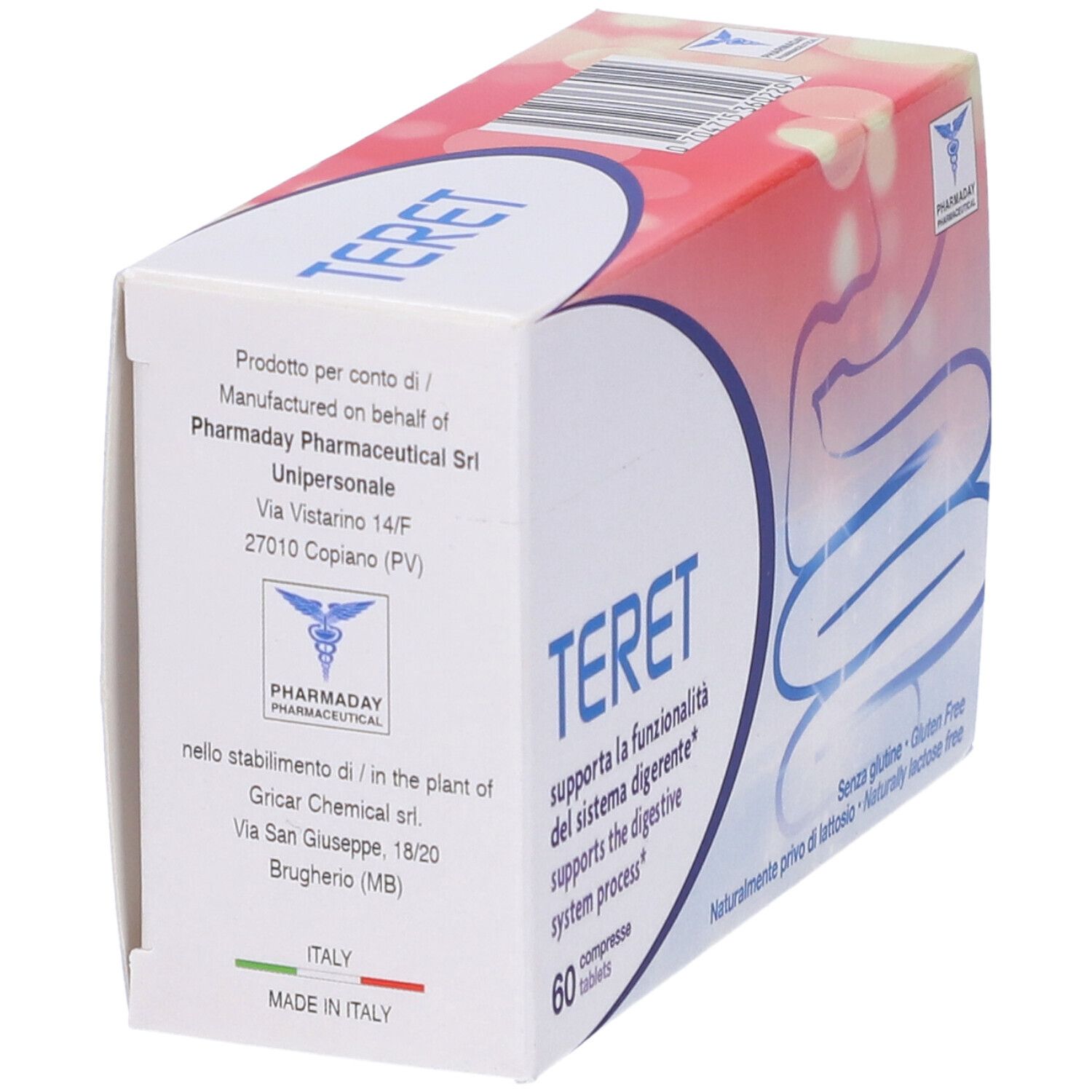 Scatola "TERET" con 60 compresse. Logo Pharmaday. Testo: "supporta la digestione". Senza glutine e lattosio. Prodotto in Italia.
