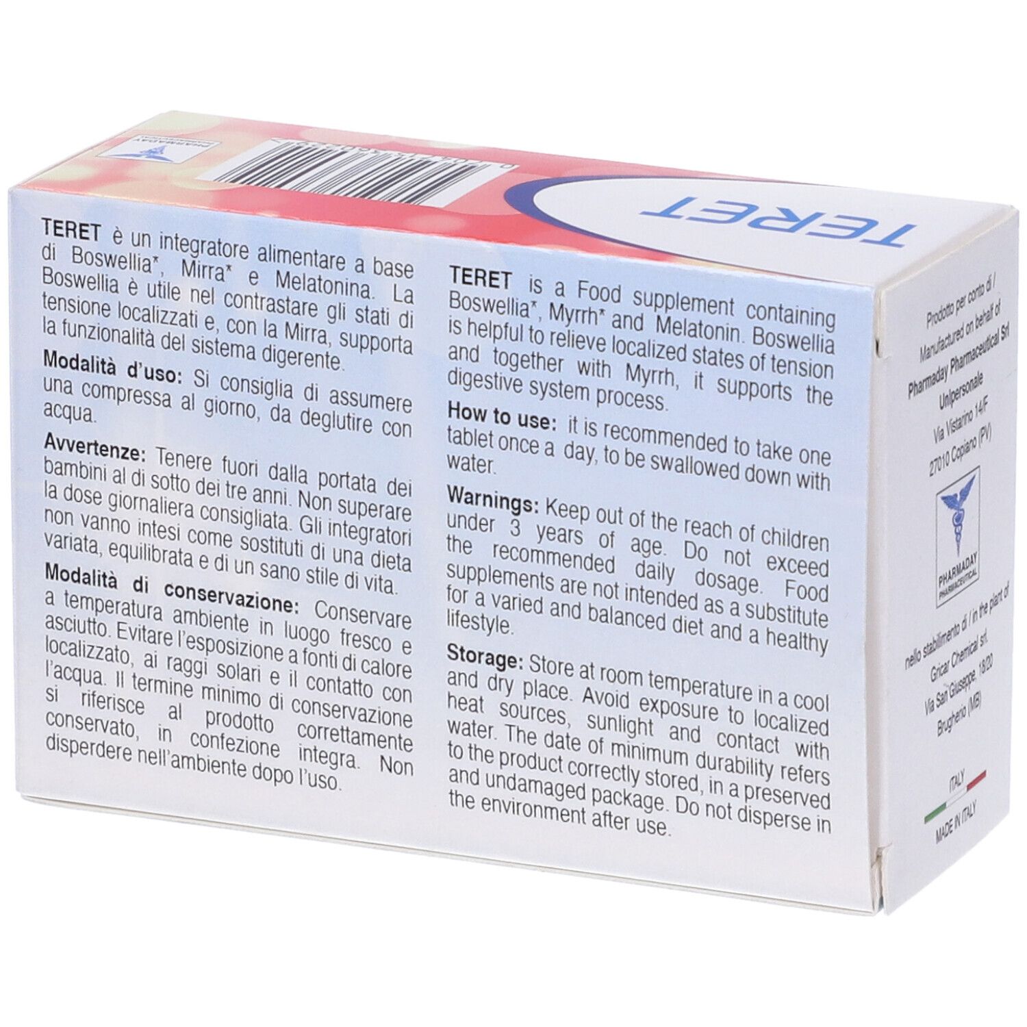 Retro della scatola "TERET". Testo in italiano e inglese. Contiene informazioni sugli ingredienti e l'uso. Logo Pharmaday.