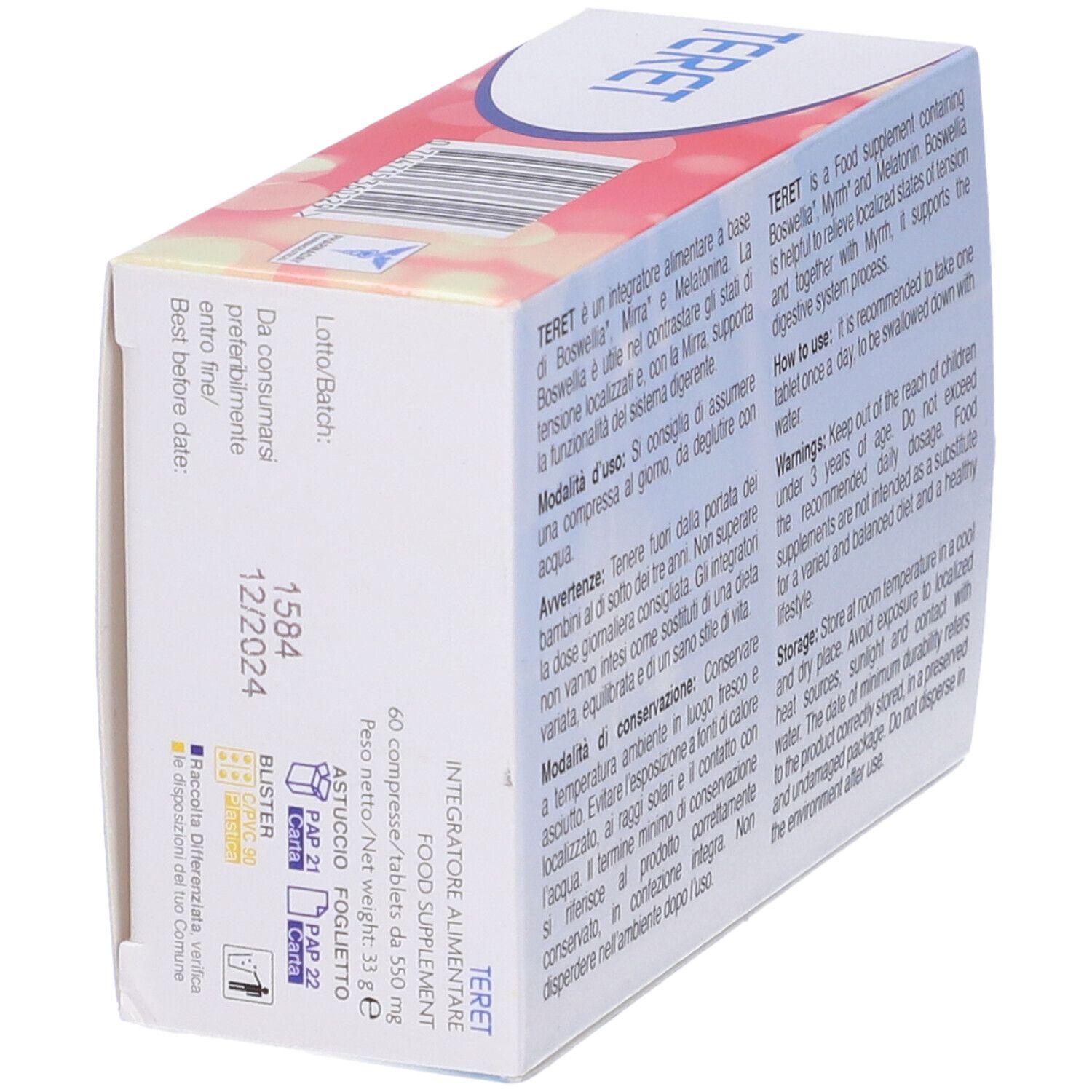 Lato della scatola "TERET" con informazioni. Contiene numero di lotto e data di scadenza. Testo in italiano e inglese.