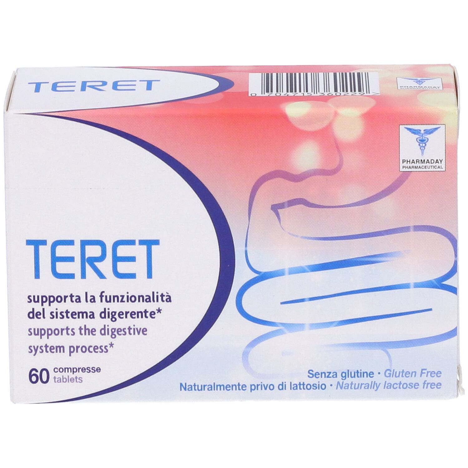 Scatola "TERET" con 60 compresse. Testo: "supporta la digestione". Senza glutine e lattosio. Logo Pharmaday. Colori bianco e rosso.