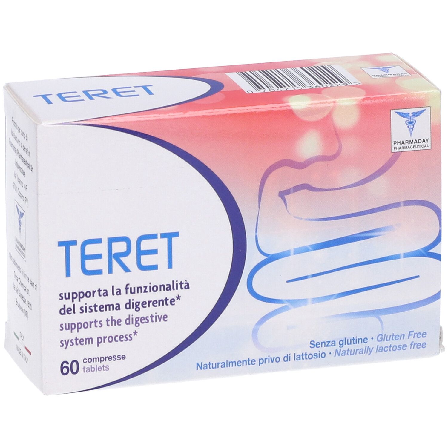 Scatola "TERET" con 60 compresse. Testo: "supporta la digestione". Senza glutine e lattosio. Logo Pharmaday. Colori bianco e rosso.