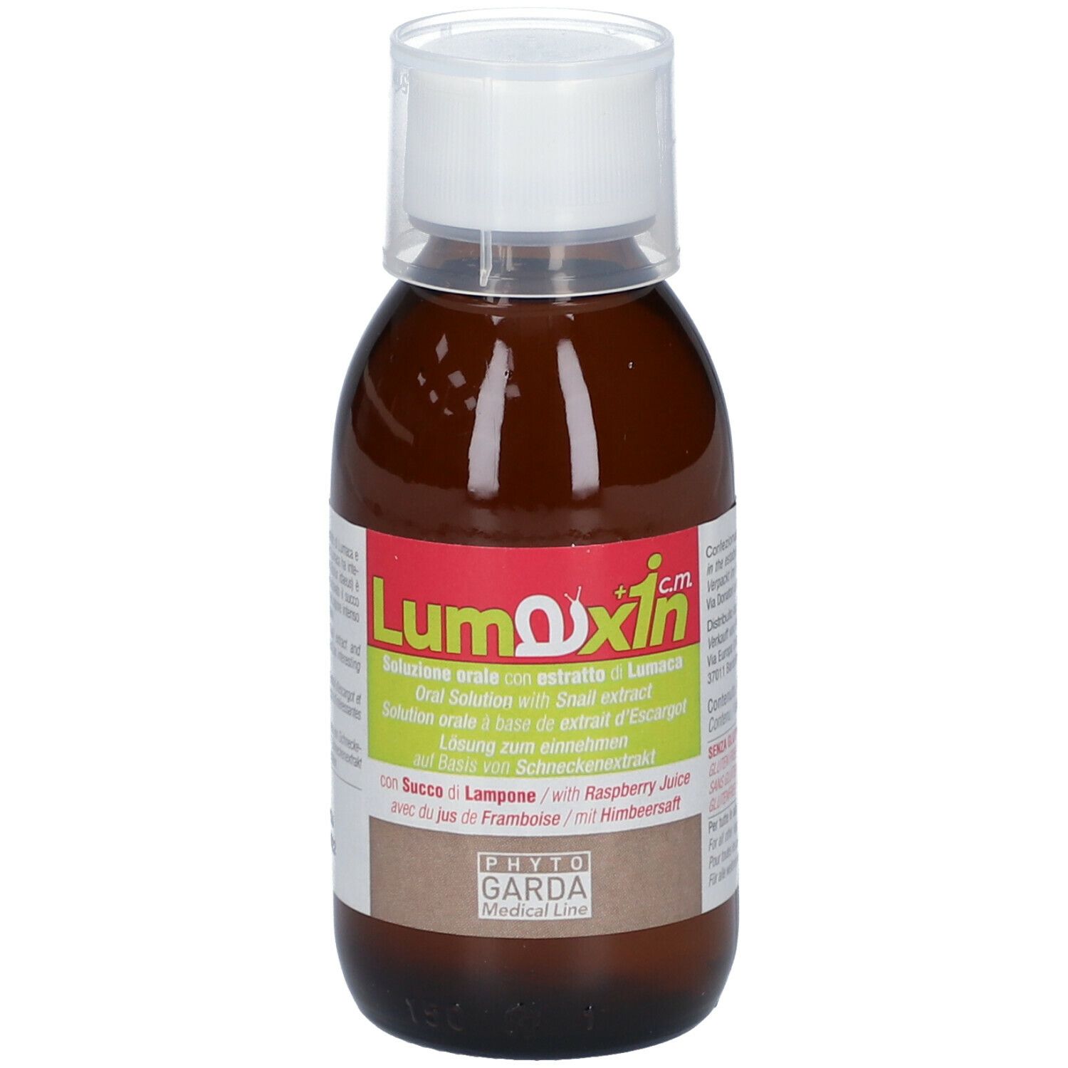 Flacone marrone con tappo bianco. Etichetta con nome prodotto Lumaxin c.m. e informazioni. Con succo di lampone.