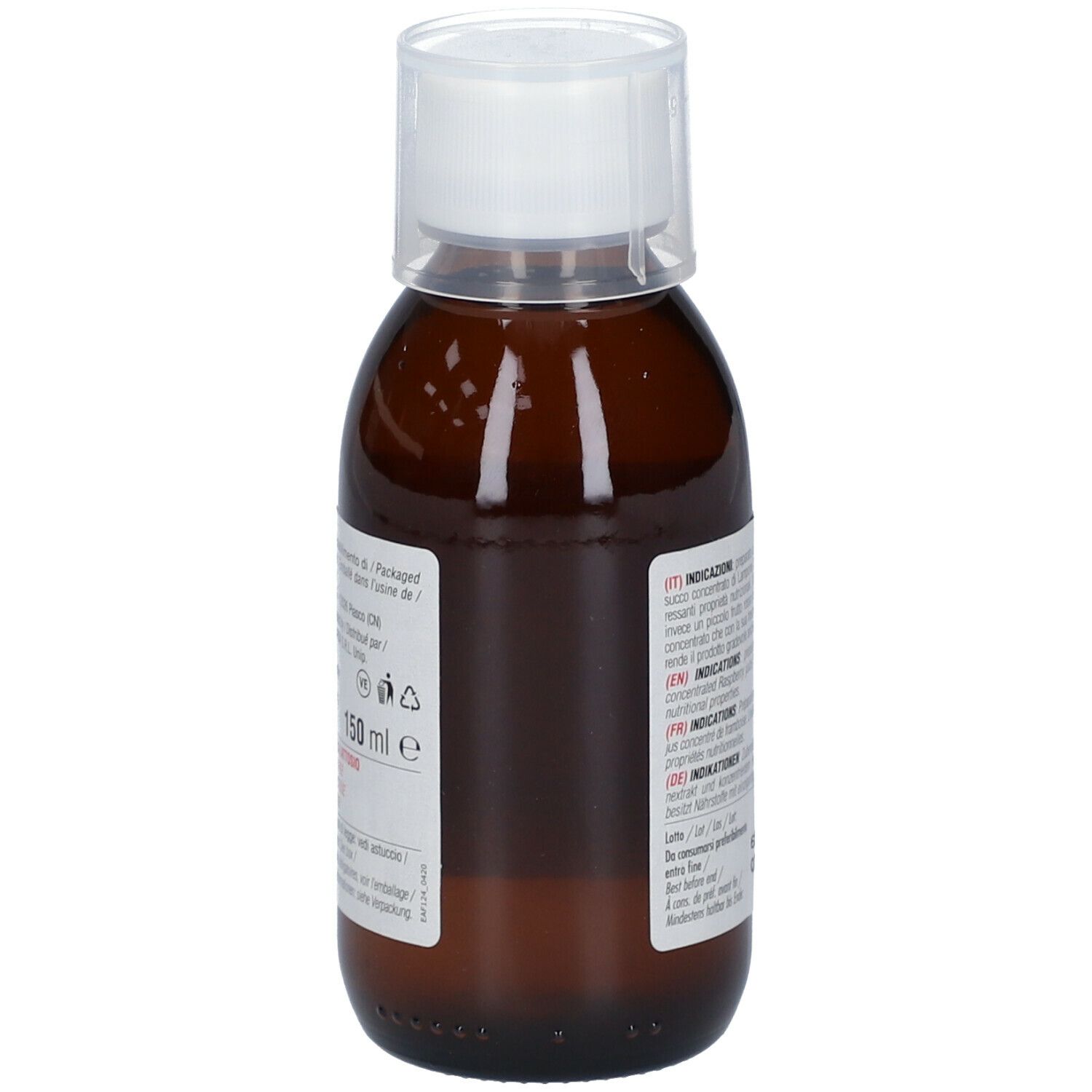 Flacone marrone con tappo bianco. Etichetta con informazioni sul prodotto. 150 ml. Senza glutine e senza lattosio.