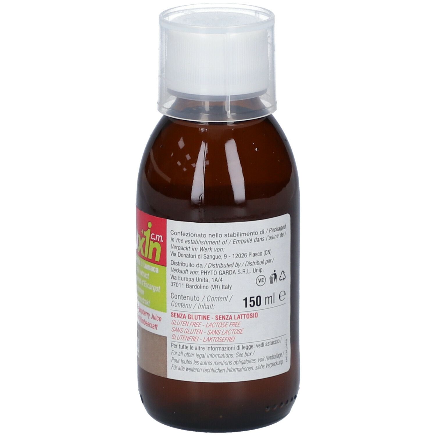 Flacone marrone con tappo bianco. Etichetta con informazioni sul prodotto. 150 ml. Senza glutine, senza lattosio.