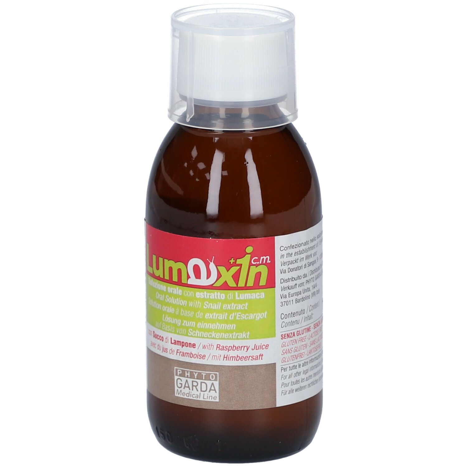 Flacone marrone con tappo bianco. Etichetta con nome prodotto Lumaxin c.m. e informazioni. Con succo di lampone.