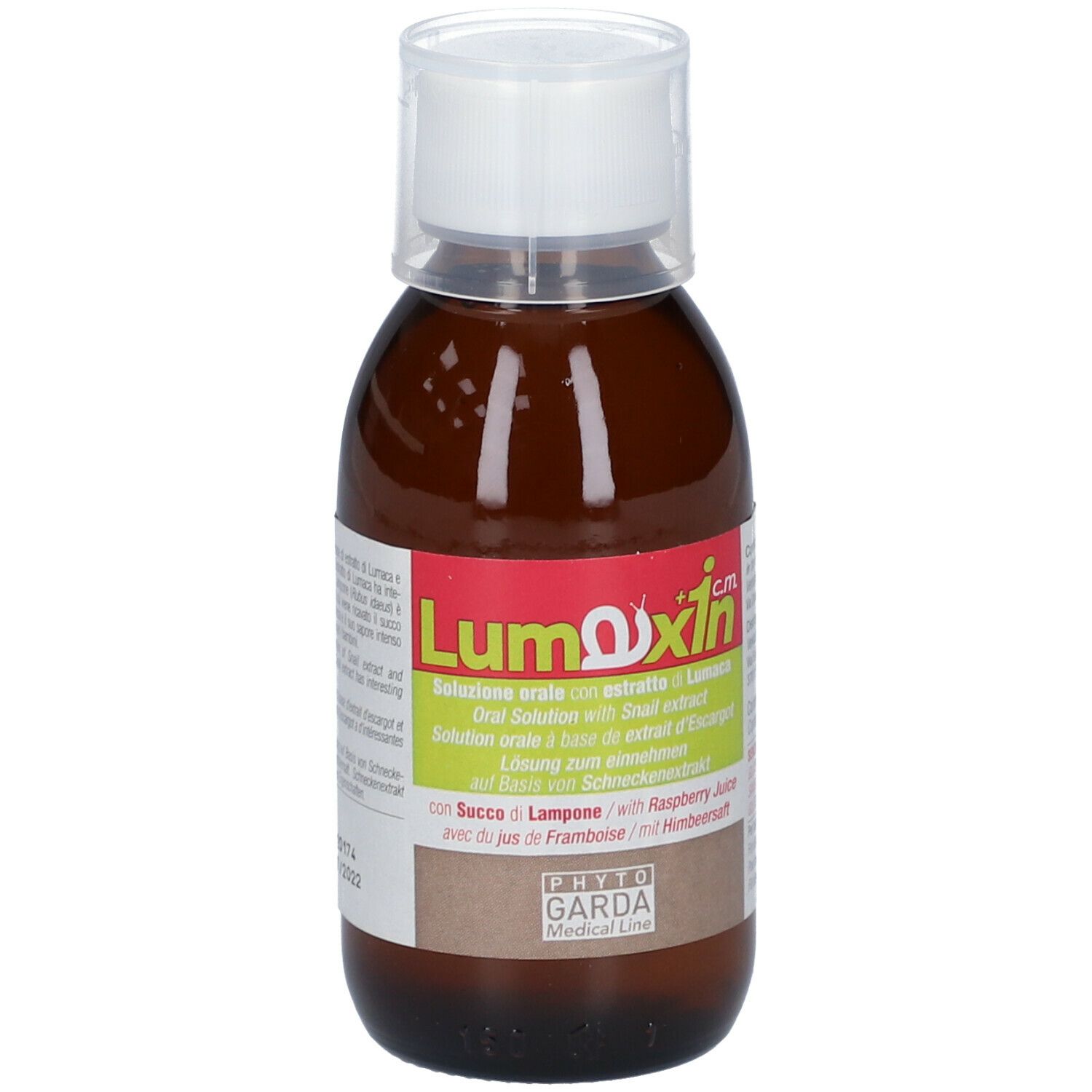 Flacone marrone con tappo bianco. Etichetta con nome prodotto Lumaxin c.m. e informazioni. Con succo di lampone.