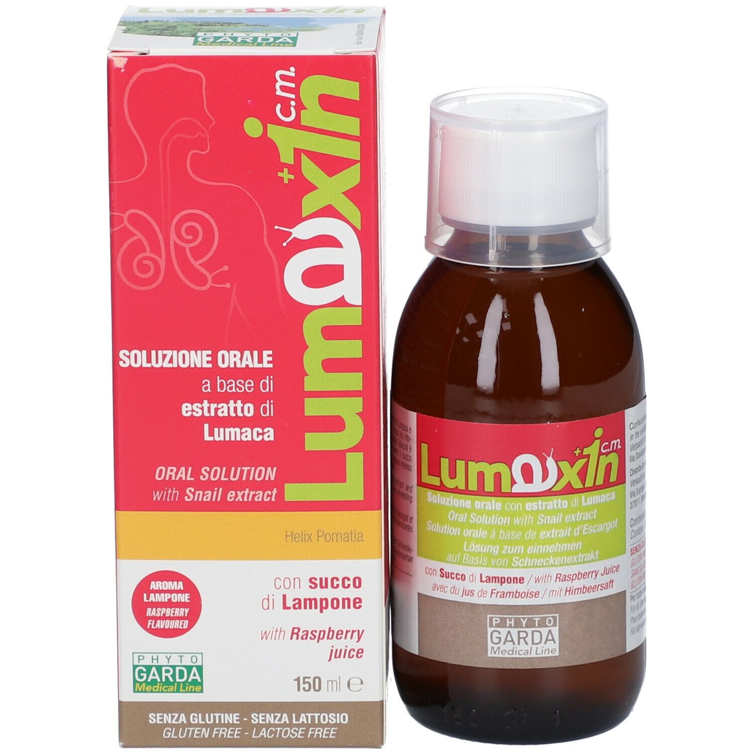 Prodotto Lumaxin c.m. con confezione. Flacone e scatola. Scatola con nome del prodotto, ingredienti e 150 ml.