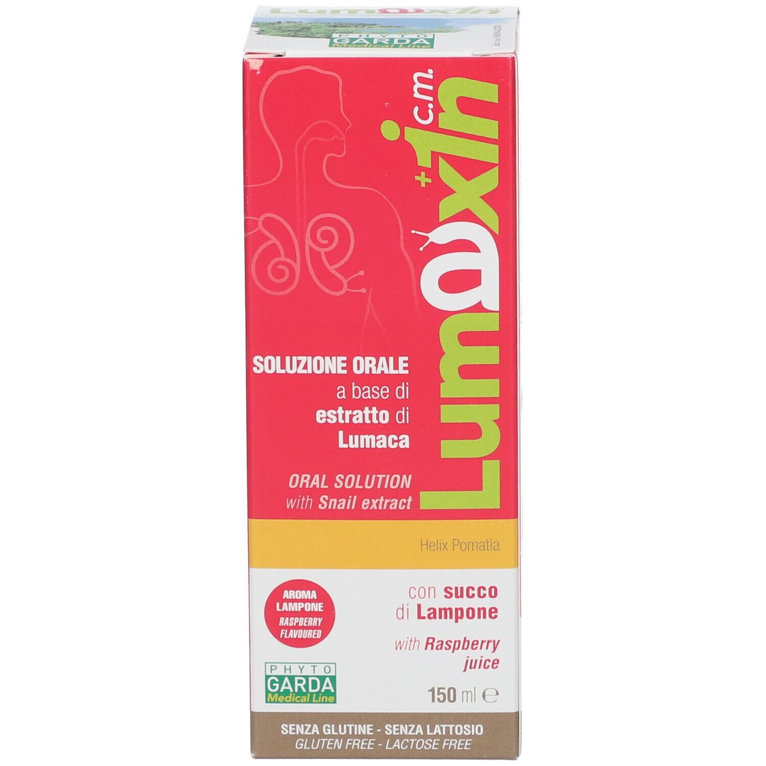 Confezione di Lumaxin c.m. con nome del prodotto, ingredienti e 150 ml. Senza glutine, senza lattosio.