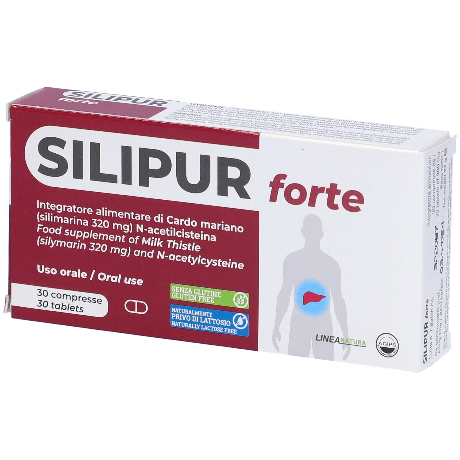 Scatola "SILIPUR forte". Scritta: Integratore alimentare, 30 compresse. Illustrazione di un corpo umano.