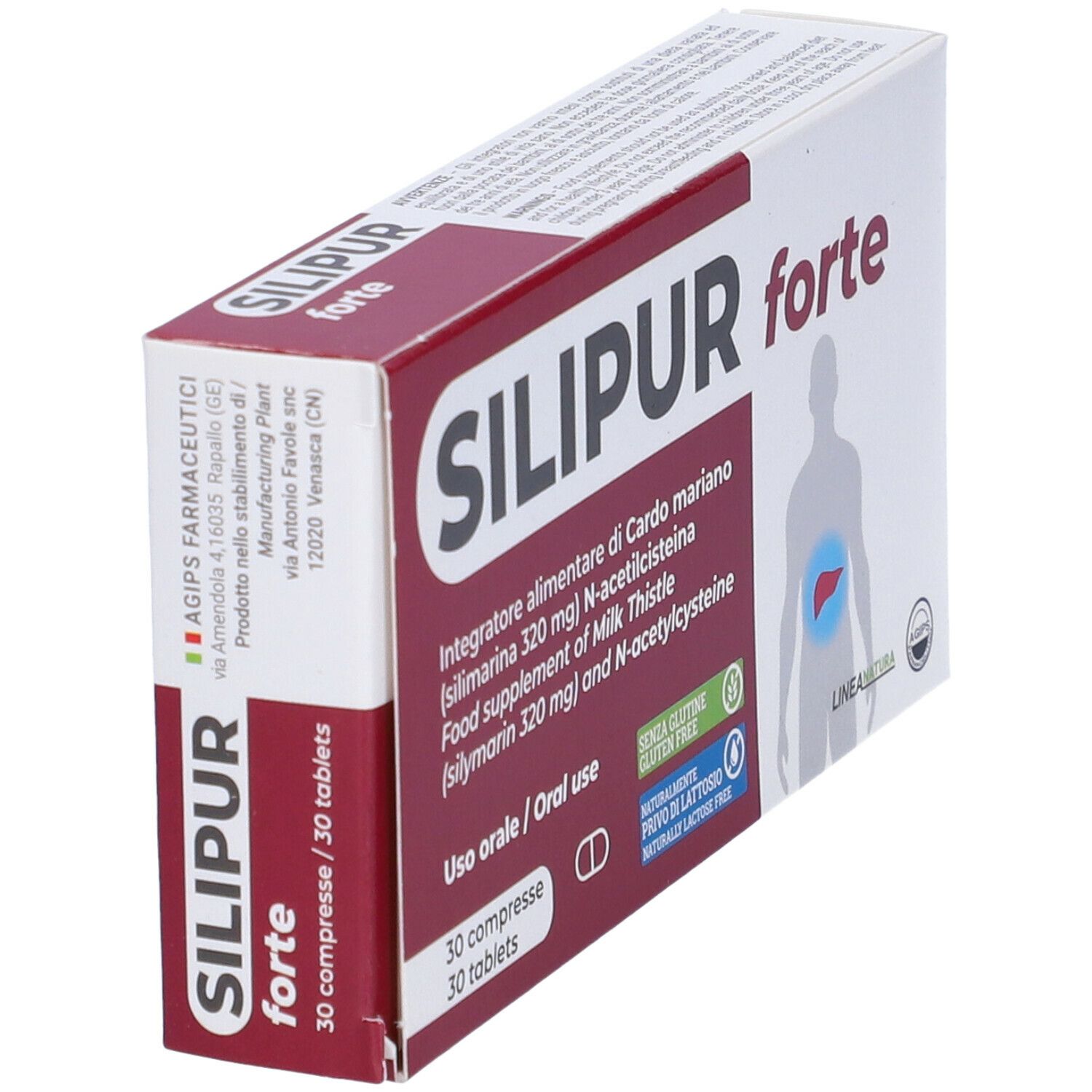Scatola "SILIPUR forte". Scritta: Integratore alimentare, 30 compresse. Illustrazione di un corpo umano.