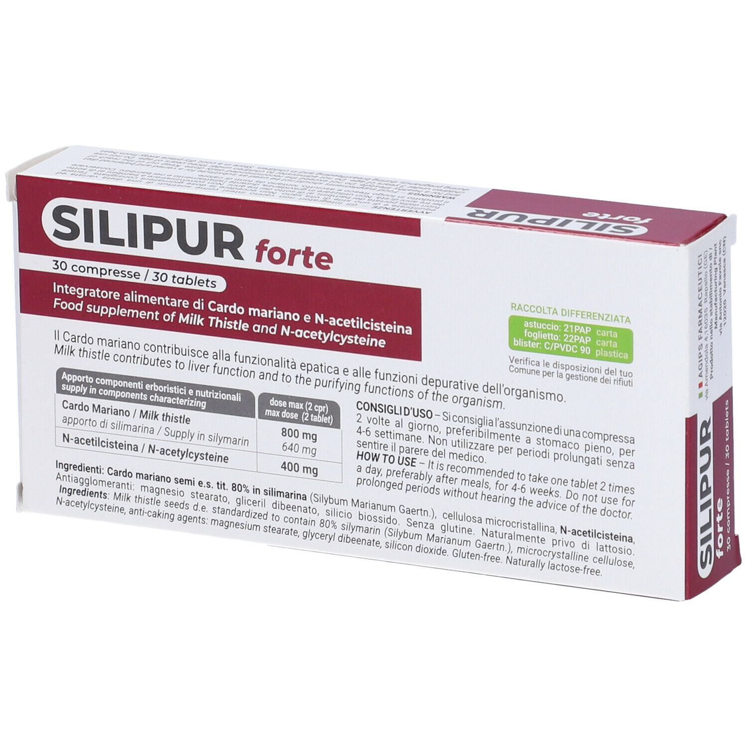 Scatola "SILIPUR forte". Scritta: Integratore alimentare, 30 compresse. Illustrazione di un corpo umano.