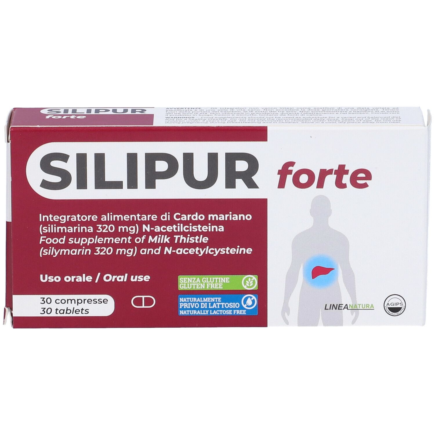 Scatola "SILIPUR forte". Scritta: Integratore alimentare, 30 compresse. Illustrazione di un corpo umano.