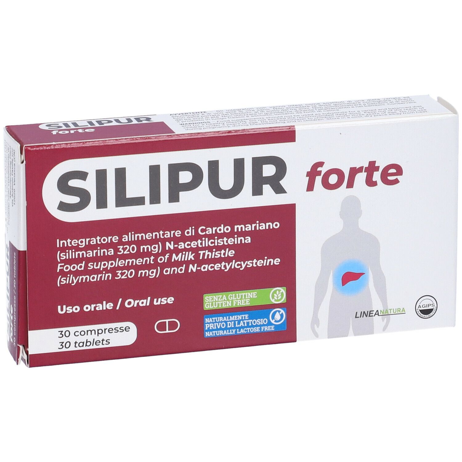 Scatola "SILIPUR forte". Scritta: Integratore alimentare, 30 compresse. Illustrazione di un corpo umano.
