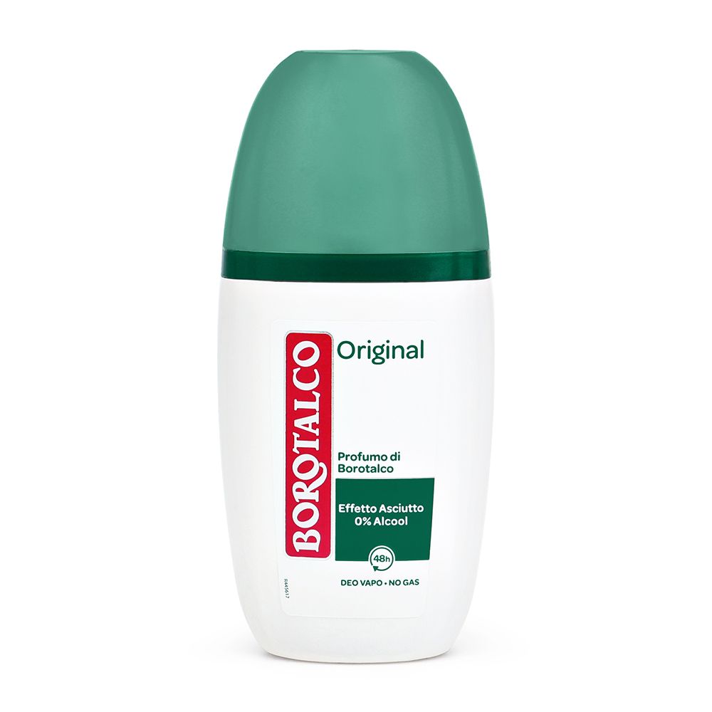 Deo Vapo BOROTALCO, flacone bianco-verde con applicatore roll-on. Testo: Original, Effetto Asciutto, 0% Alcool.