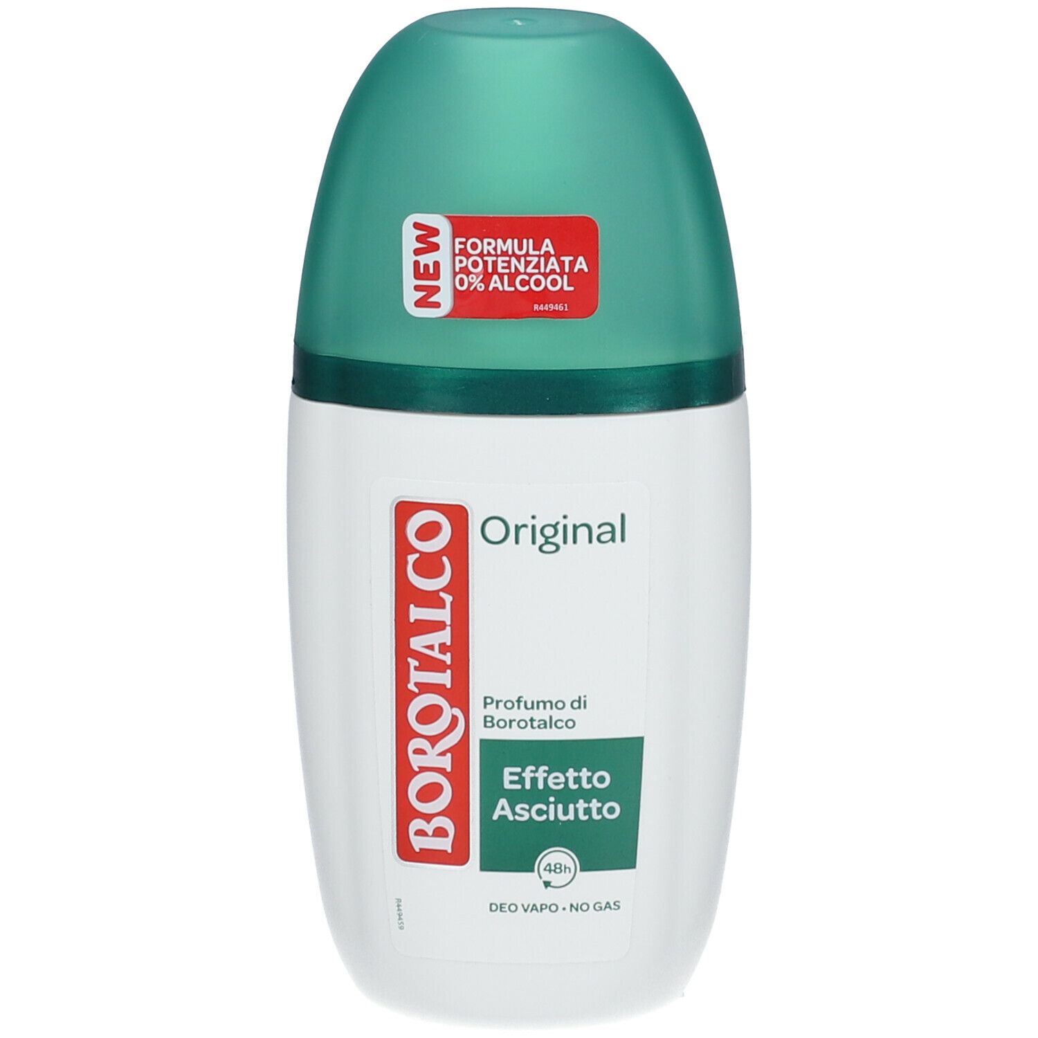 BOROTALCO Deo Vapo, flacone bianco-verde con roll-on. Adesivo: NEW, Formula 0% Alcool. Testo: Original, Effetto Asciutto.