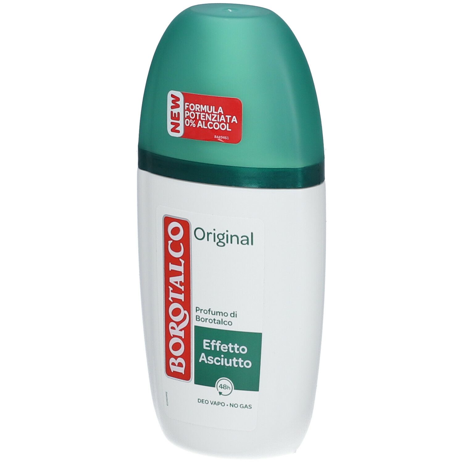 BOROTALCO Deo Vapo, flacone bianco-verde con roll-on. Adesivo: NEW, Formula 0% Alcool. Testo: Original, Effetto Asciutto.