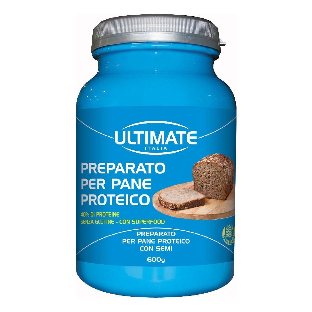Barattolo blu con scritta ULTIMATE ITALIA. PREPARATO PER PANE PROTEICO, 40% proteine, senza glutine. Immagine pane.