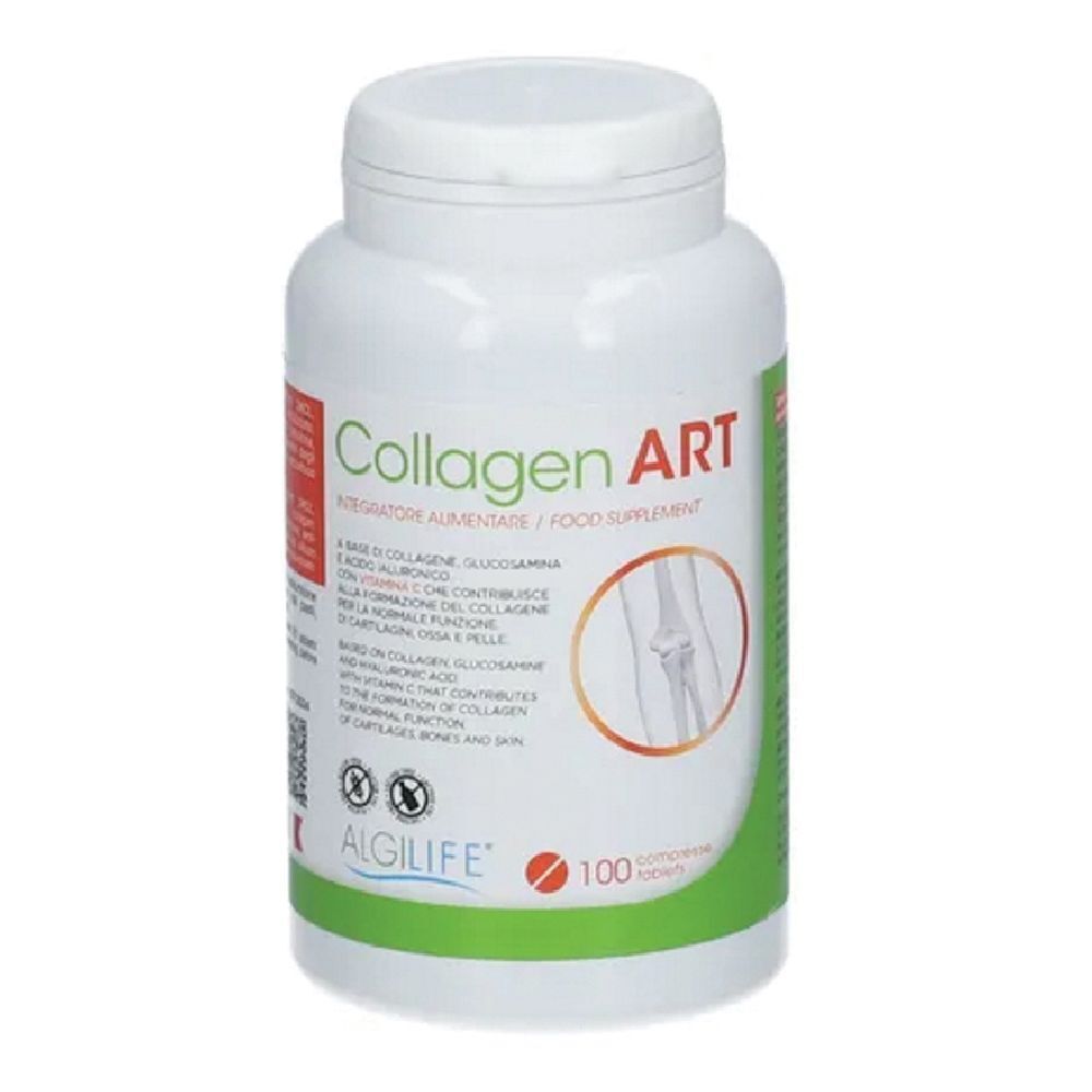 Flacone bianco con etichetta "Collagen ART". Contiene 100 compresse. Logo ALGILIFE® in basso.
