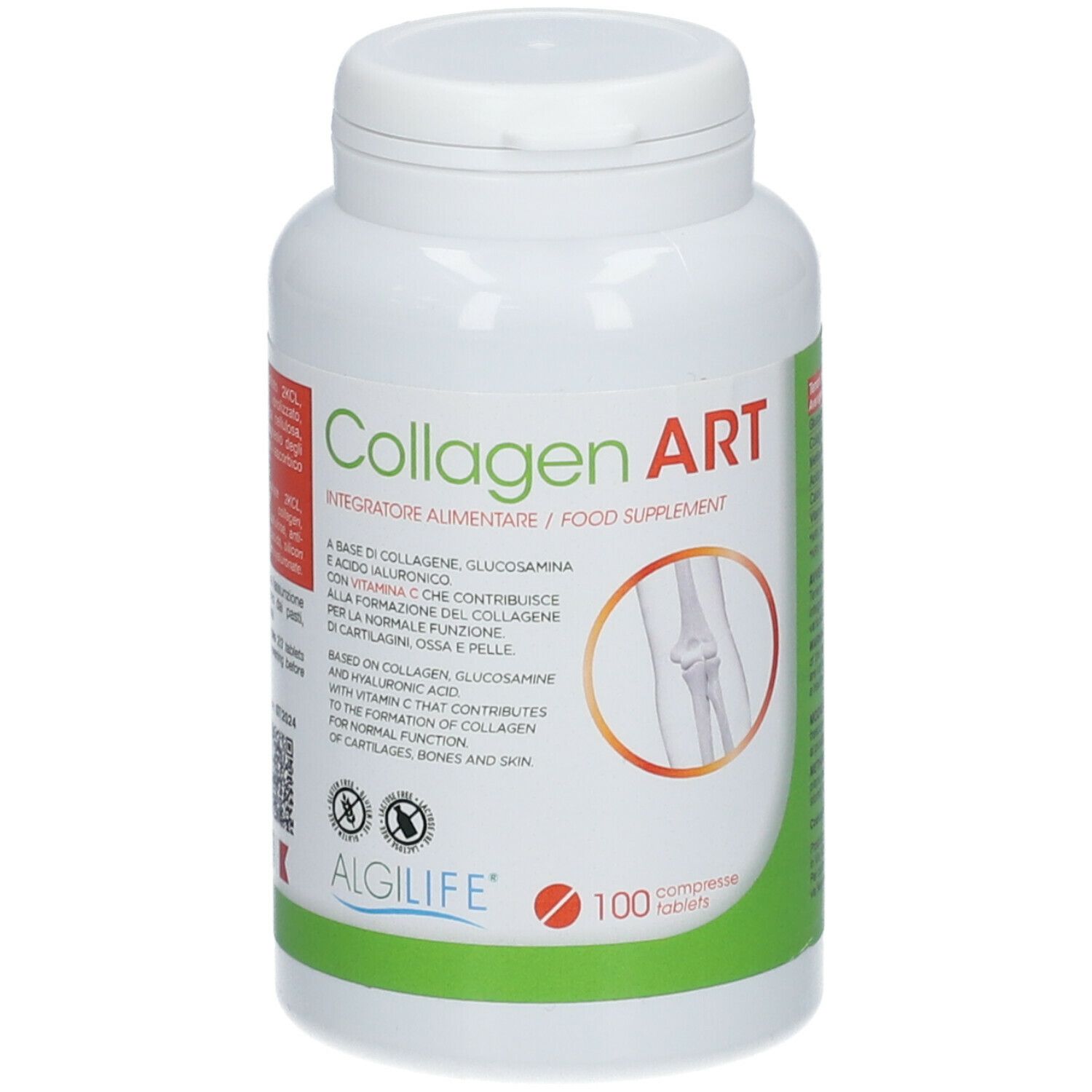 Flacone bianco con etichetta "Collagen ART". Contiene 100 compresse. Logo ALGILIFE® in basso.