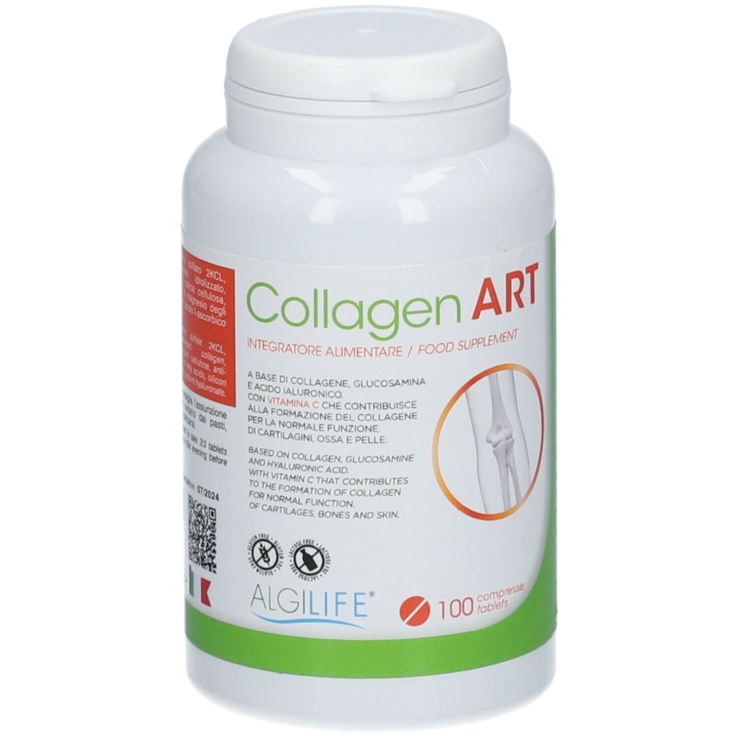 Flacone bianco con etichetta "Collagen ART". Contiene 100 compresse. Logo ALGILIFE® in basso.