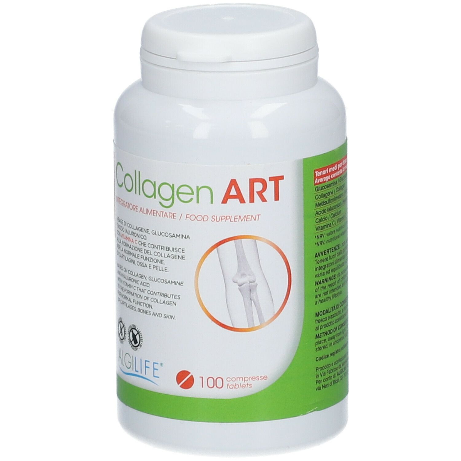 Flacone bianco con etichetta "Collagen ART". Contiene 100 compresse. Logo ALGILIFE® in basso.