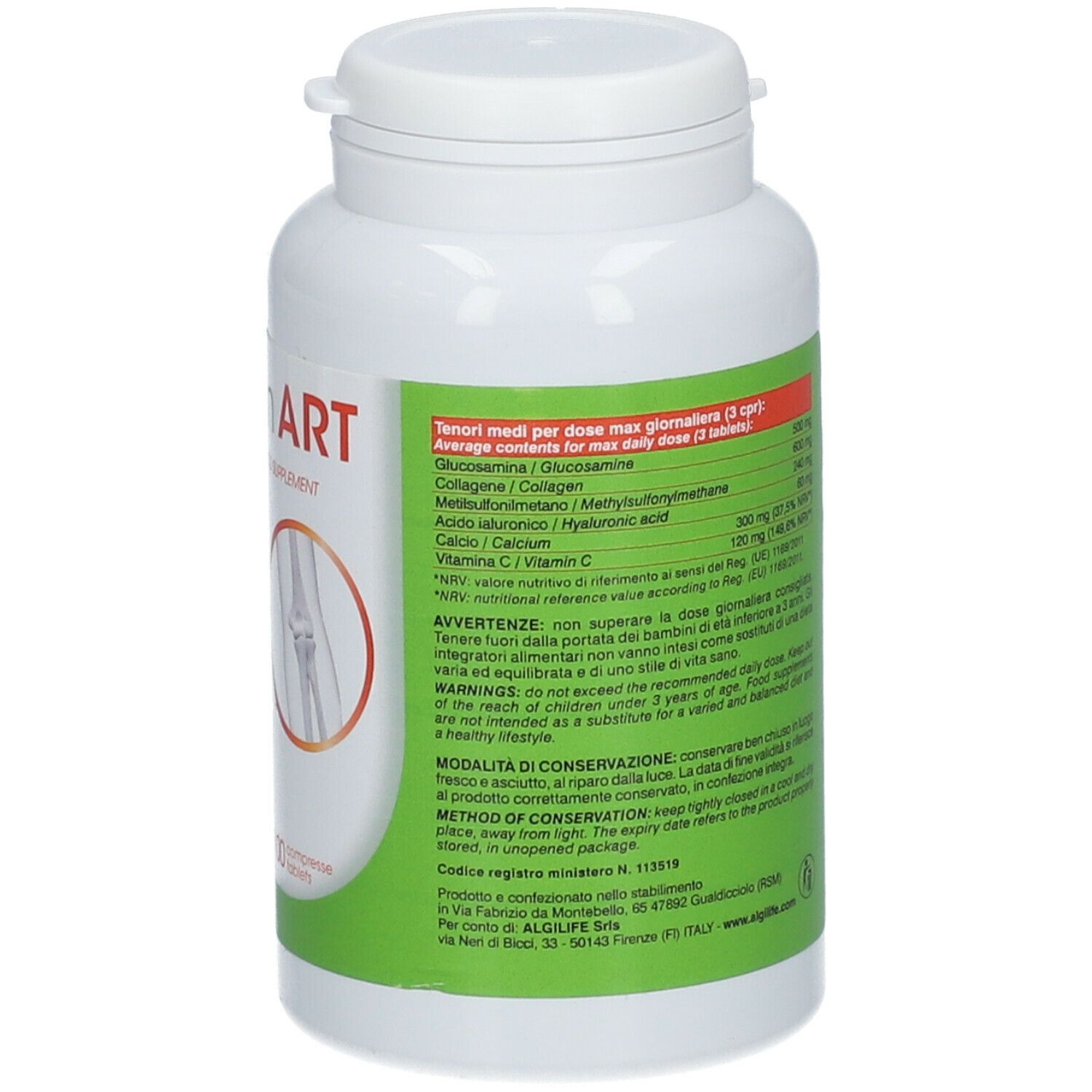 Retro del flacone bianco. Contiene informazioni nutrizionali. Logo ALGILIFE® in basso.