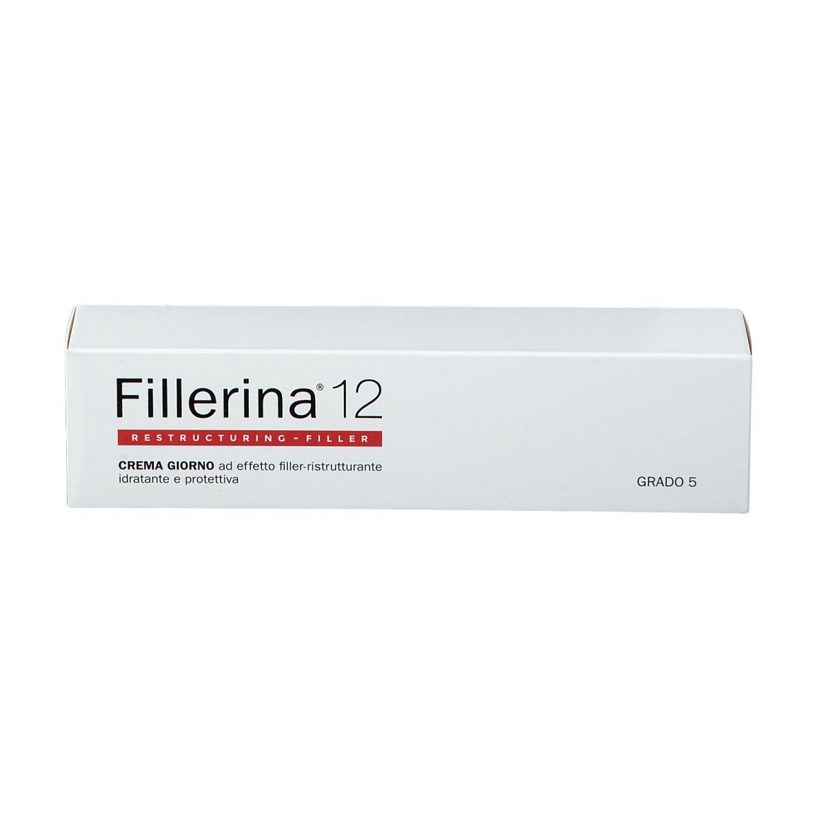Weiße Schachtel mit Aufschrift Fillerina 12, Restrukturierende Creme. Aufschrift „Grado 5“.