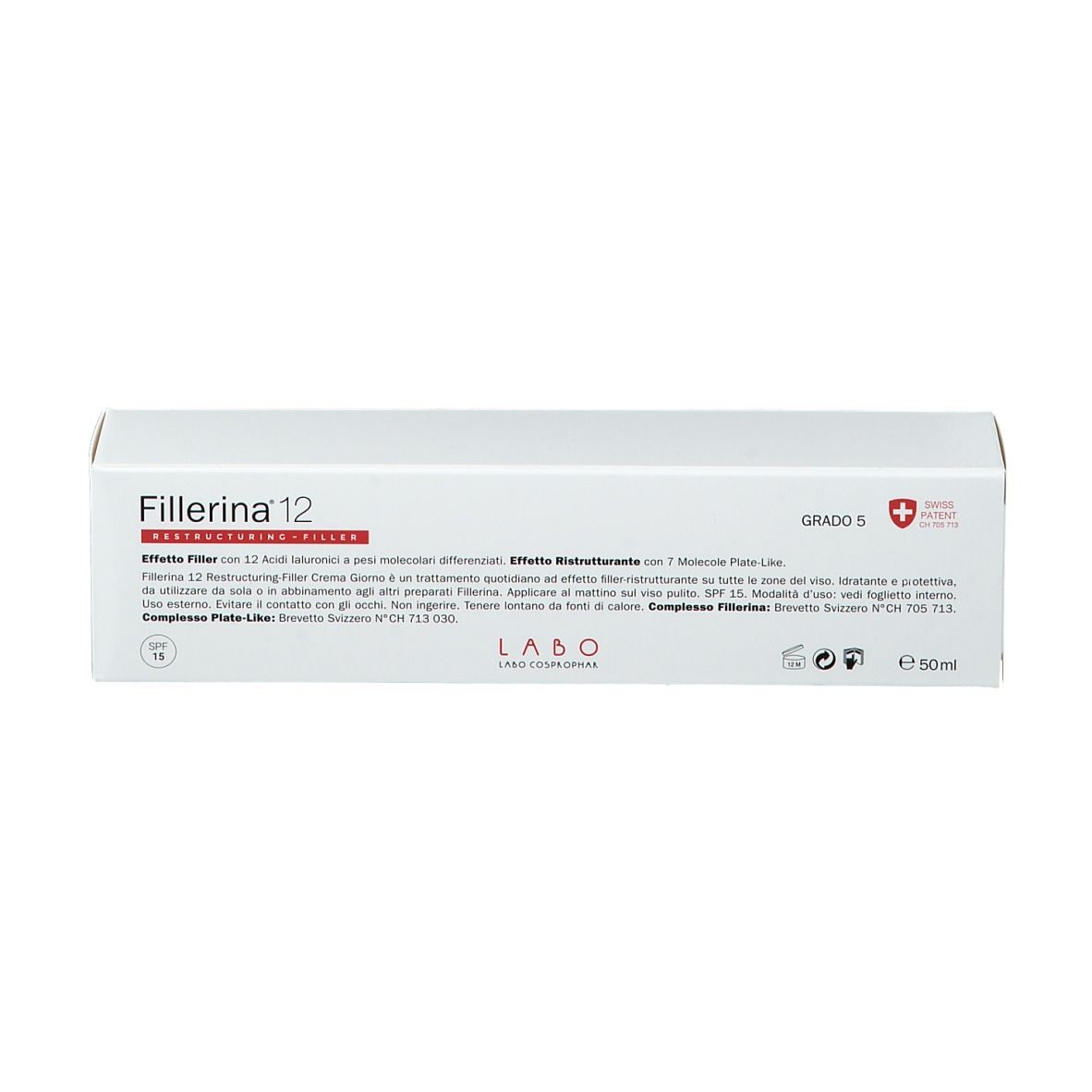 Weiße Schachtel mit Aufschrift Fillerina 12. Produktinformationen und Schweizer Kreuz.