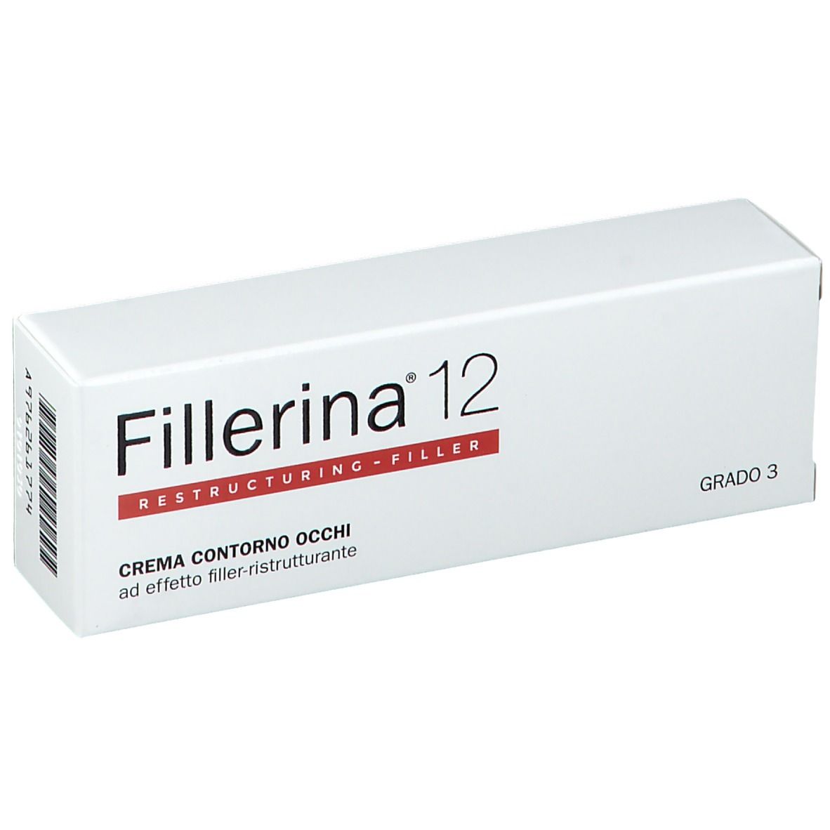 Boîte blanche avec texte Fillerina 12, Restructuring Filler, Crème Contorno Occhi, Grad 3.