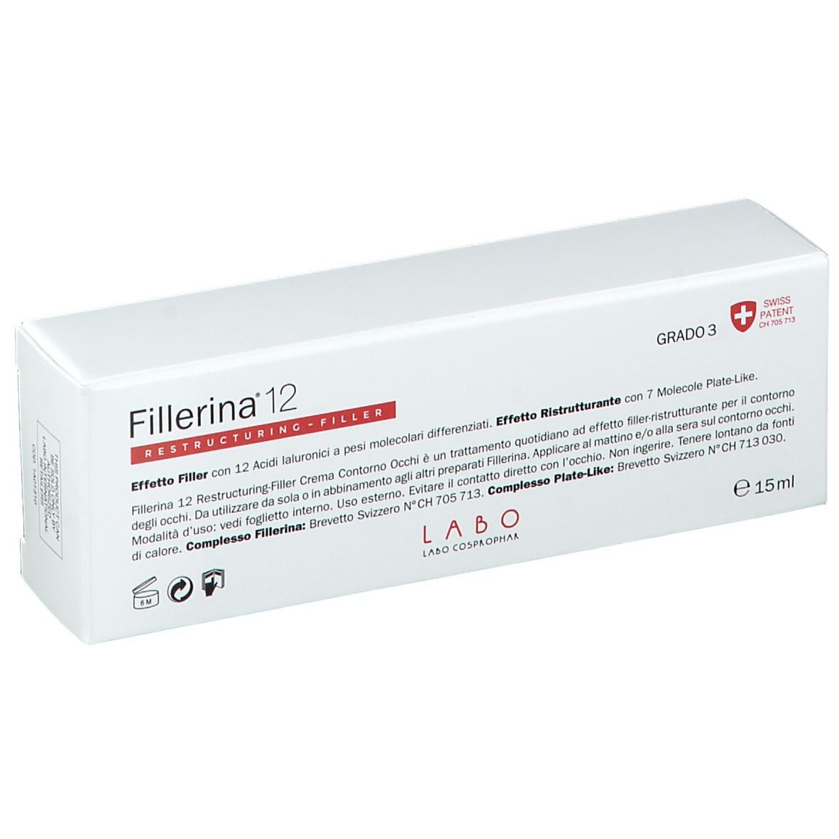 Boîte blanche avec texte Fillerina 12, Restructuring Filler, Crème Contorno Occhi, Grad 3, et informations.