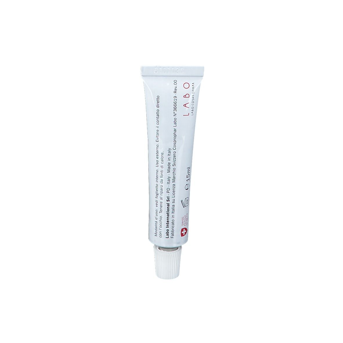 Tube blanc avec texte noir. Inscription: Labo. Texte et logos sur le tube.
