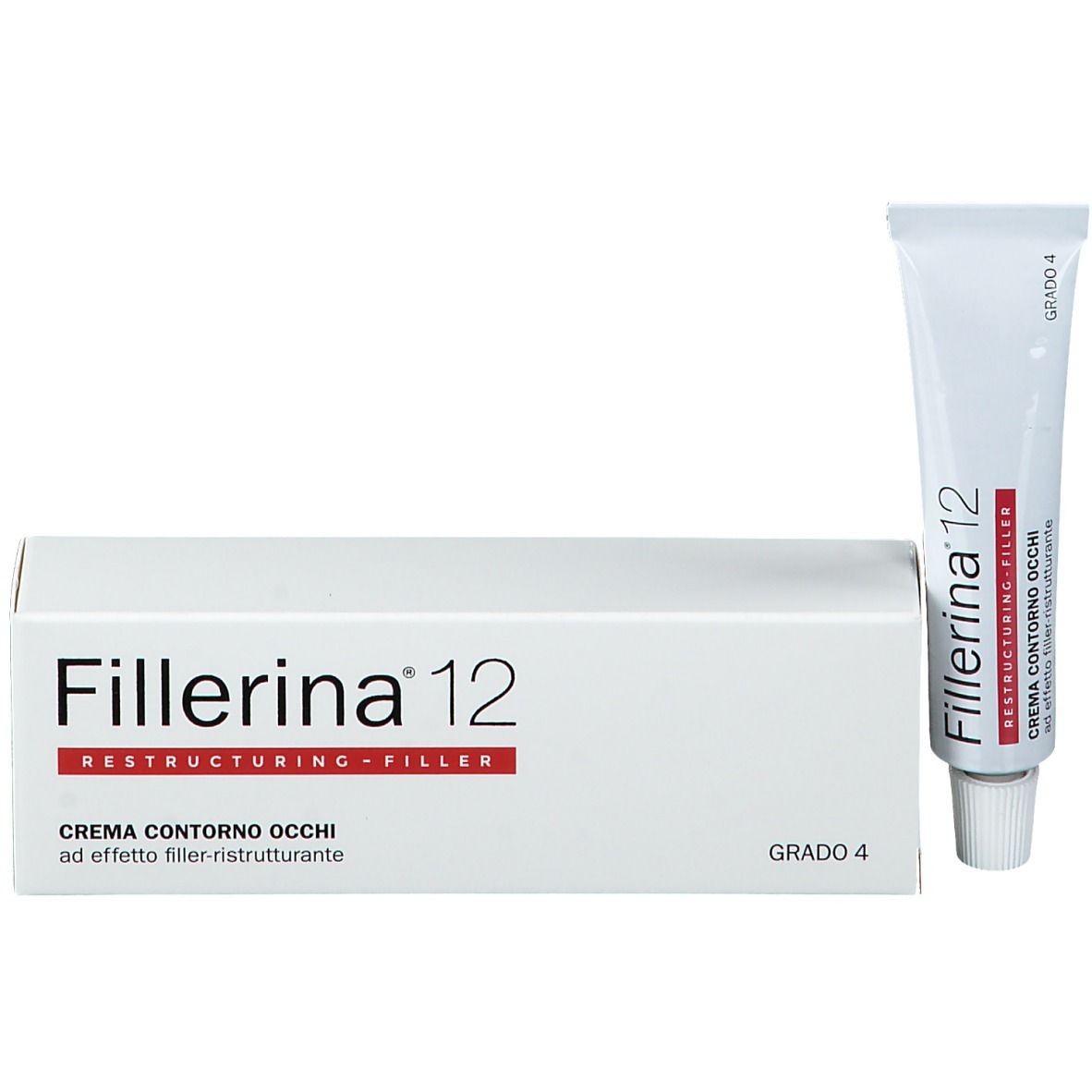 Boîte blanche et tube. Inscription: Fillerina 12 Restructuring Filler. Tube et boîte avec texte rouge.