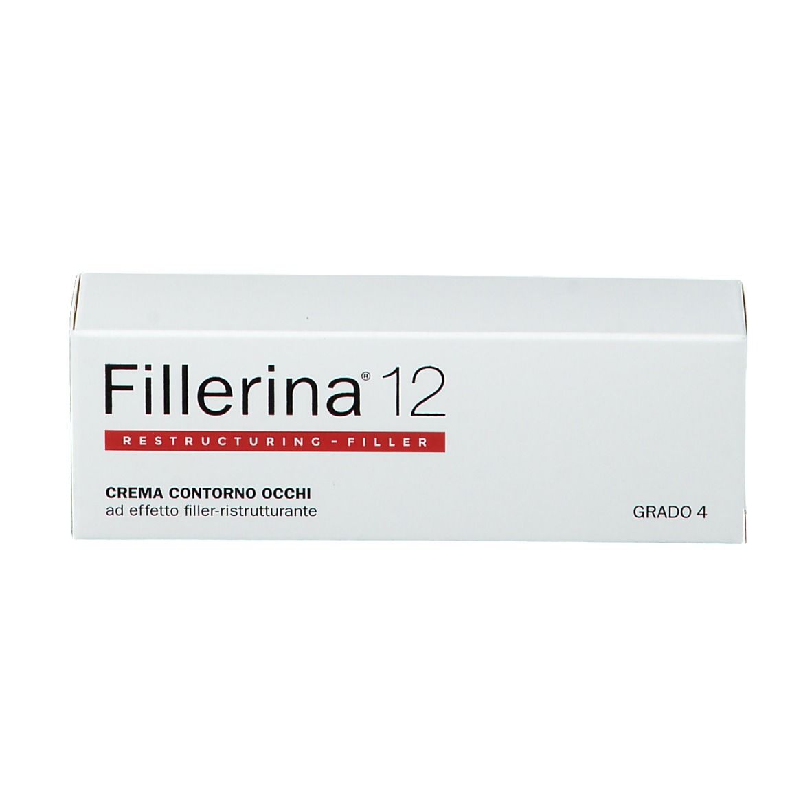 Boîte blanche avec inscription: Fillerina 12 Restructuring Filler. Texte rouge.