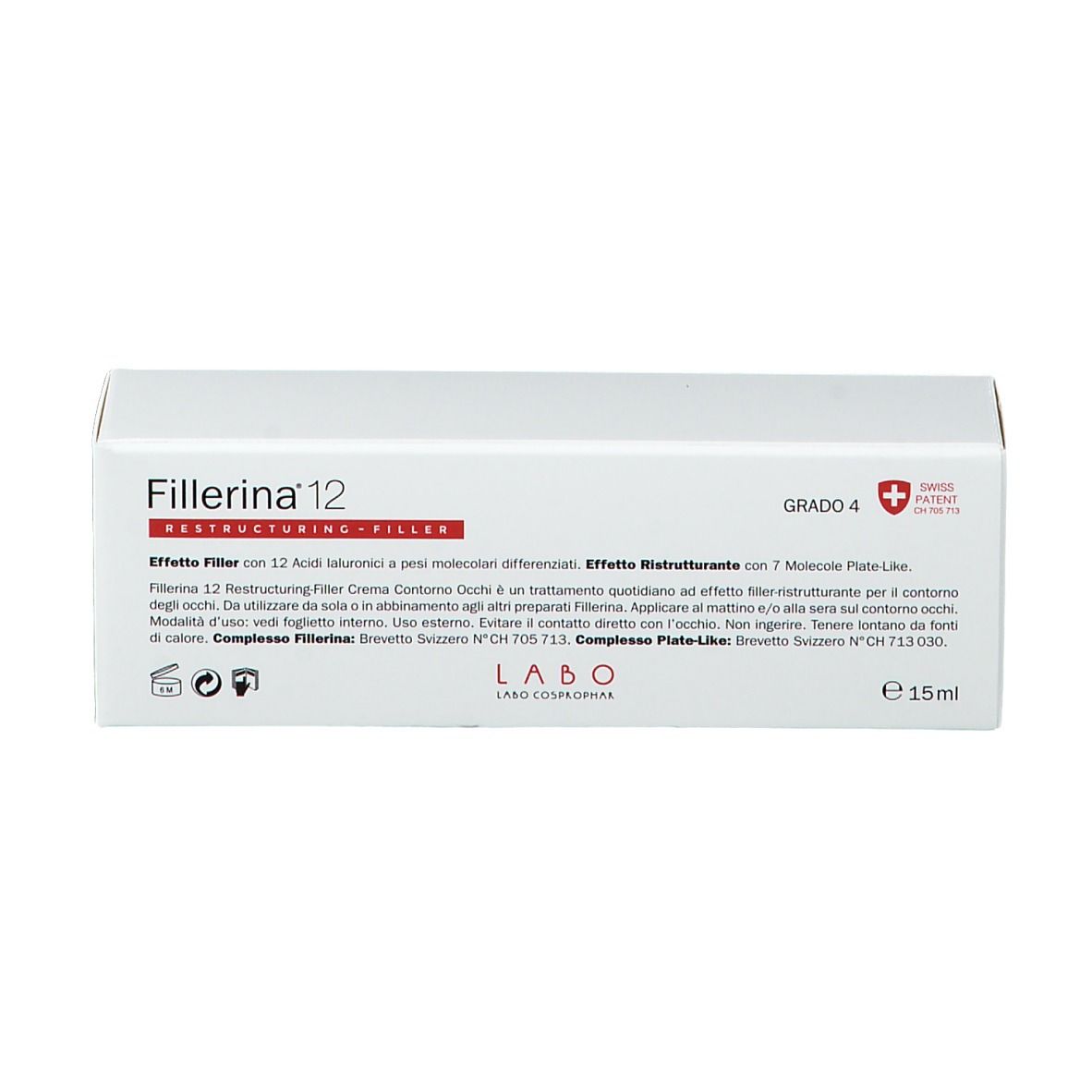 Boîte blanche avec texte. Inscription: Fillerina 12 Restructuring Filler. Logos et informations.