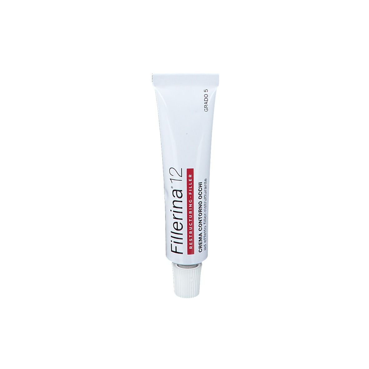 Weiße Tube mit roter und schwarzer Schrift. Aufschrift: Fillerina 12 Restructuring-Filler. Creme Contorno Occhi. Grad 5.