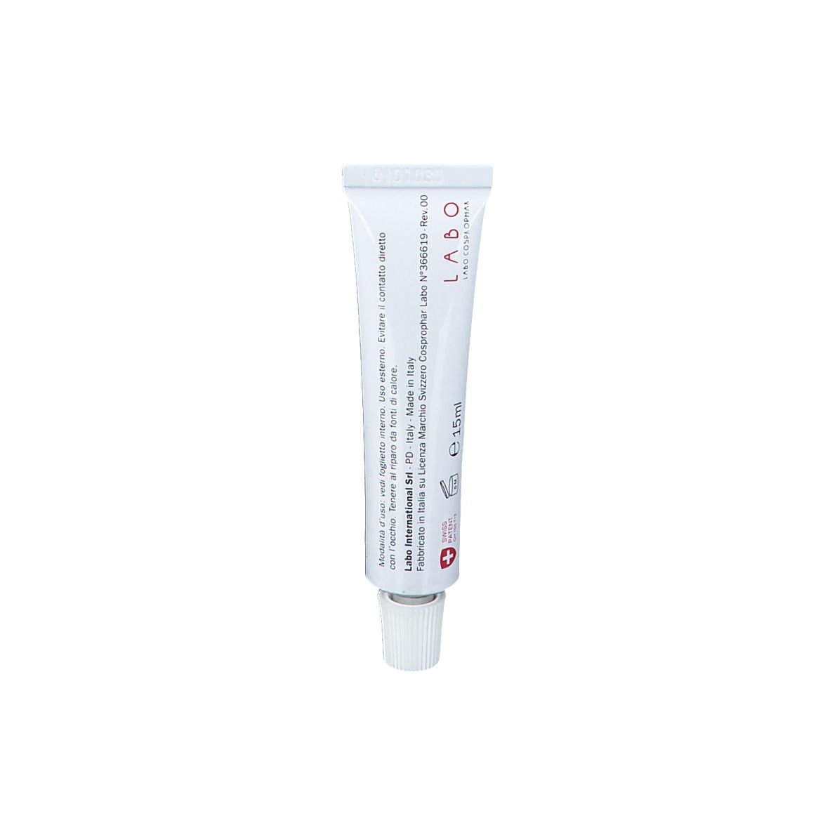 Weiße Tube mit Text. Aufschrift: LABO, Made in Italy, 15ml. Schweizer Kreuz. Text in italienischer Sprache.