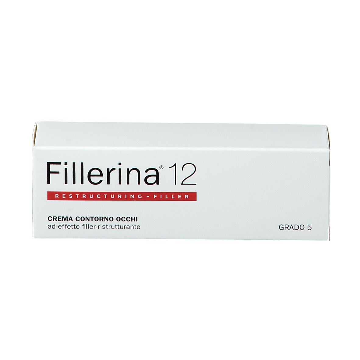 Weiße Schachtel mit Aufschrift: Fillerina 12 Restructuring-Filler. Creme Contorno Occhi. Grad 5.