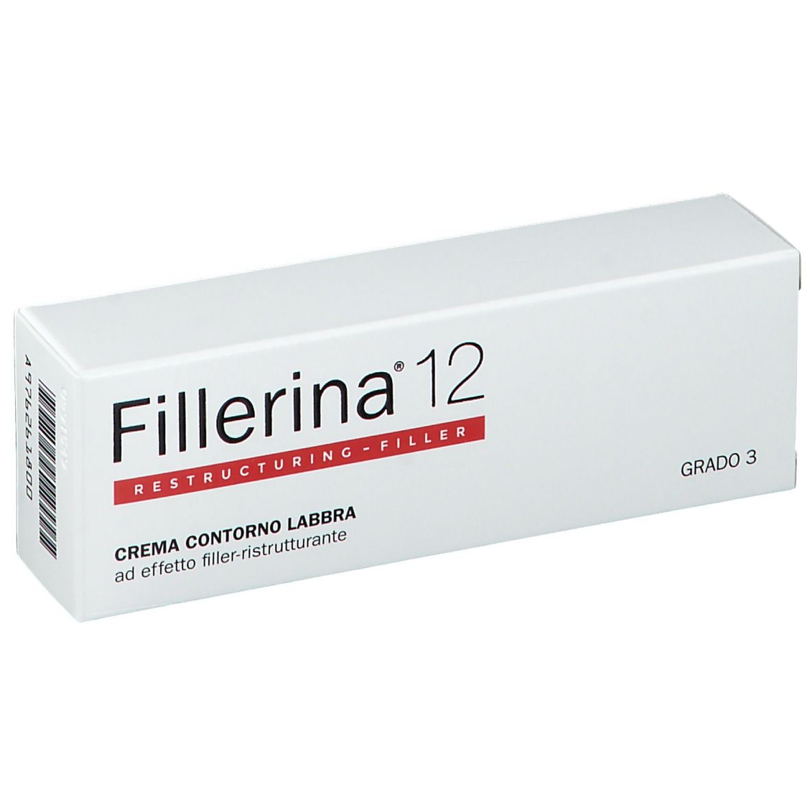 Confezione bianca con nome del prodotto e accento rosso. Scritta: CREMA CONTORNO LABBRA.
