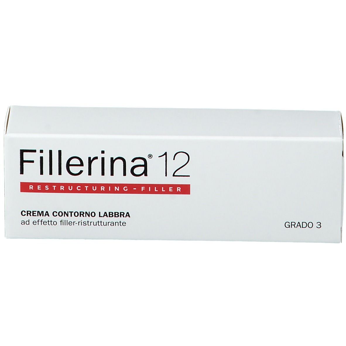 Confezione bianca con nome del prodotto e accento rosso. Scritta: CREMA CONTORNO LABBRA.