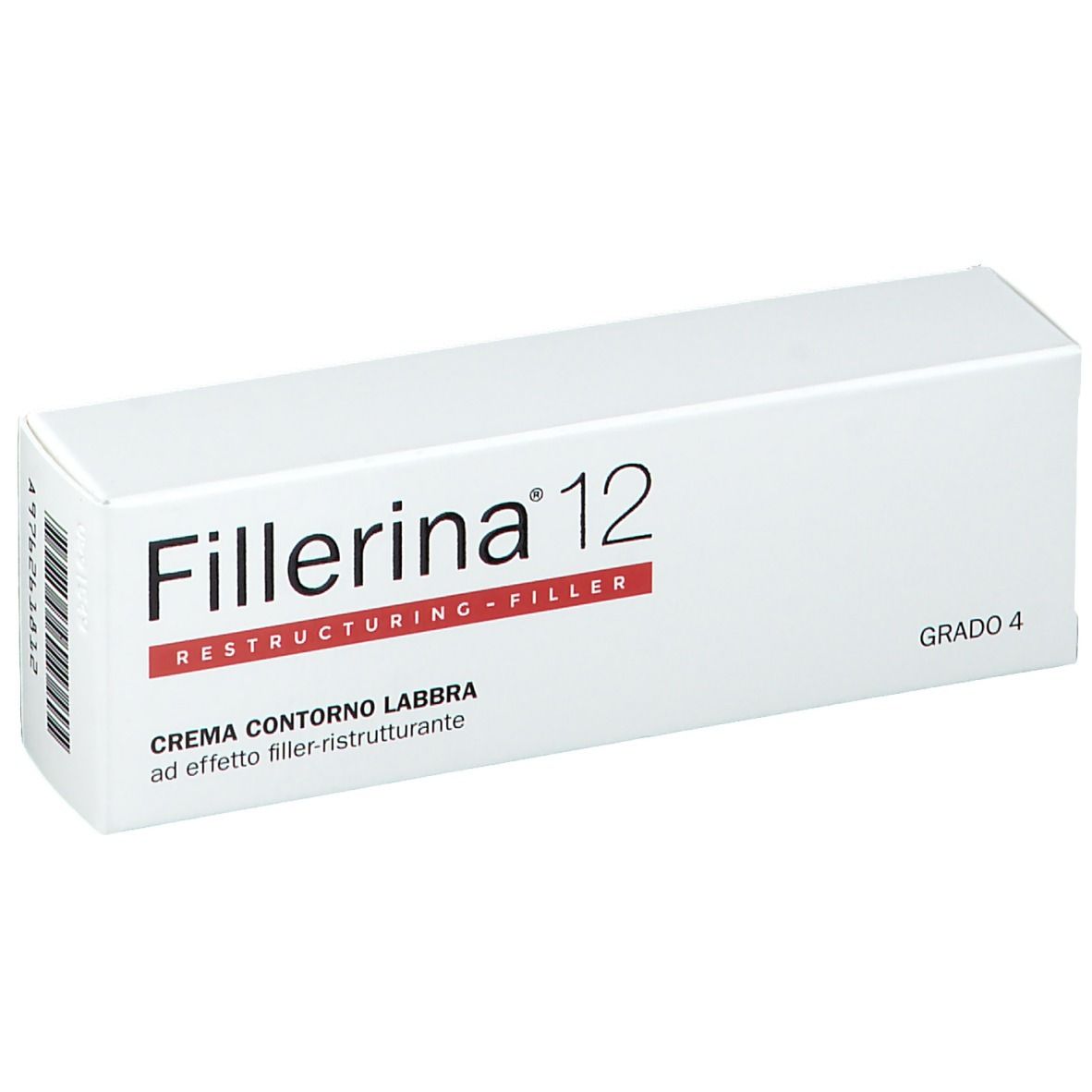 Boîte blanche avec inscription Fillerina 12, Restructuring-Filler, Crème Contorno Labbra, Grade 4.