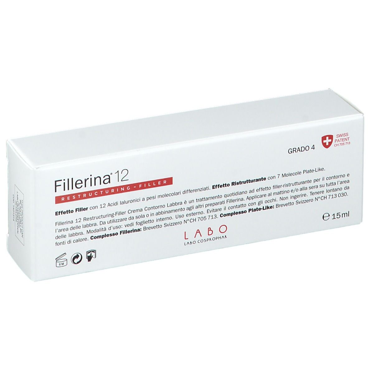 Boîte blanche avec inscription Fillerina 12, Restructuring-Filler, Grade 4, Swiss Patent. Texte et symboles.