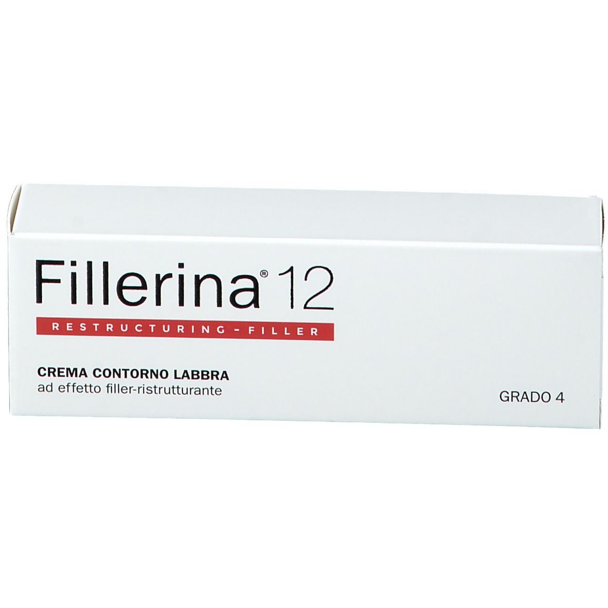 Boîte blanche avec inscription Fillerina 12, Restructuring-Filler, Crème Contorno Labbra, Grade 4.