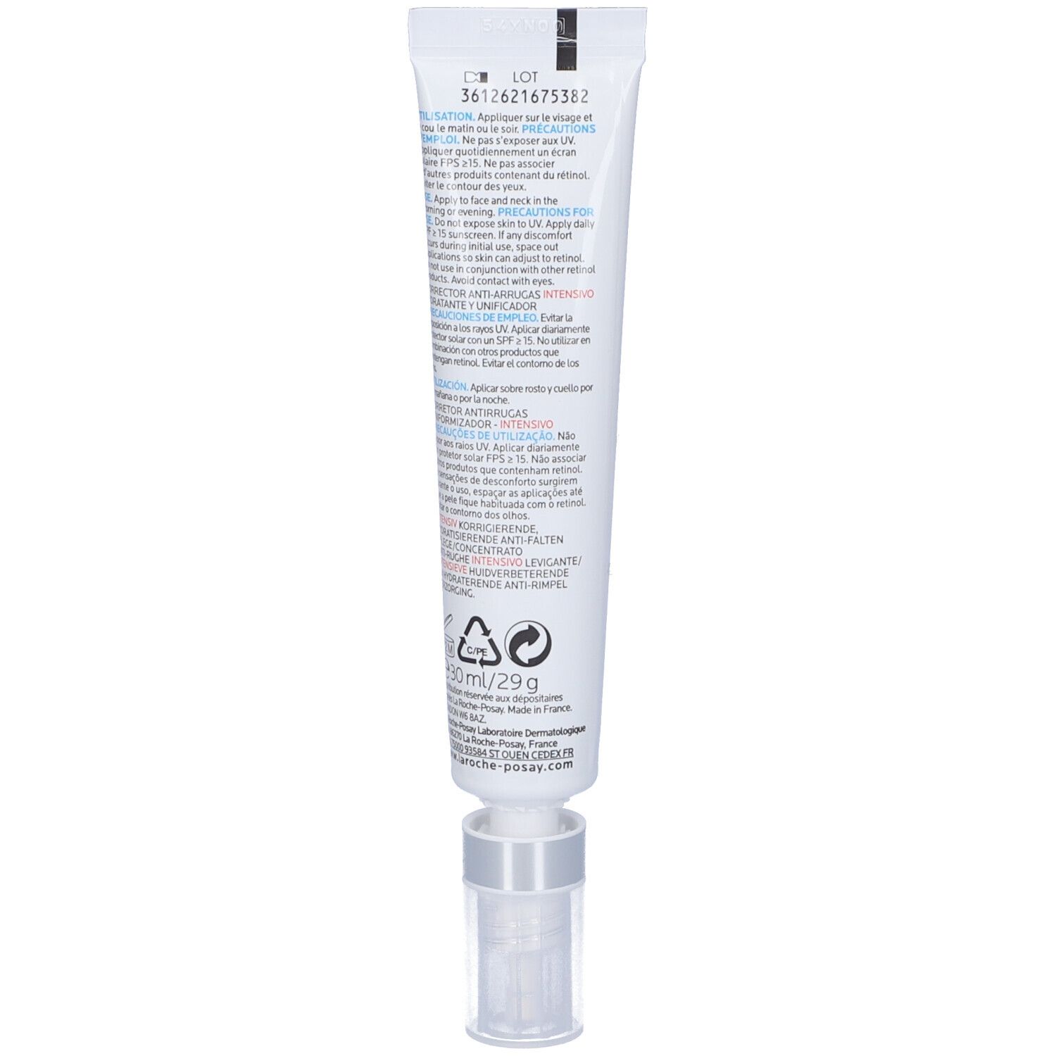 Rückseite der Tube. Aufschrift: La Roche-Posay, Redermic Retinol Concentré. Informationen und Warnhinweise.