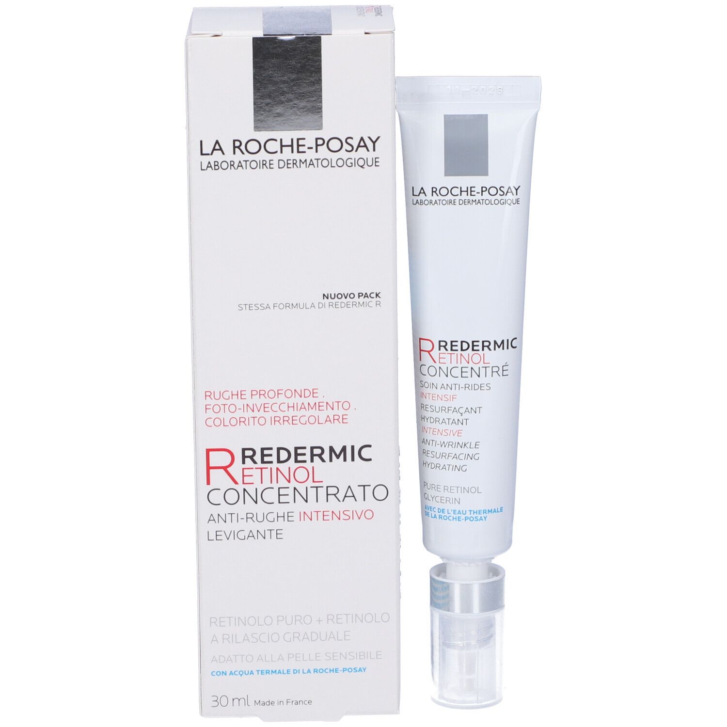 Produkt mit Verpackung. Aufschrift: La Roche-Posay, Redermic Retinol Concentrato. Anti-Falten-Konzentrat.