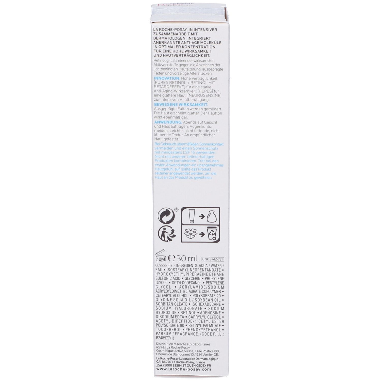 Verpackung. Aufschrift: La Roche-Posay, Redermic Retinol Concentrato. Informationen und Warnhinweise.